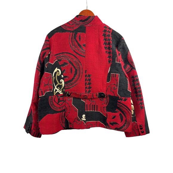 Women’s Chico’s Size 2XL Red, Black, & Cream Patterned Overcoat - Picture 3 of 5